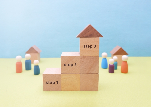 住宅購入までの3つのステップを表した木製ブロック